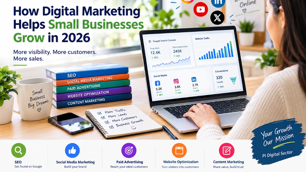 Digital marketing for small businesses in 2026, including SEO, social media marketing, paid advertising, and website optimization by PI Digital Sector.